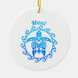 Adorno De Cerámica Tortuga tribal azul oceánica Maui