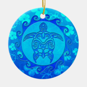 Adorno De Cerámica Tortuga tribal azul Sun