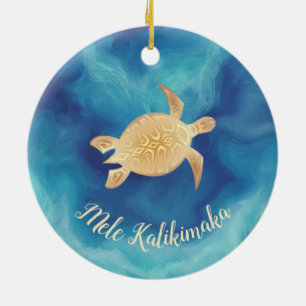 Adorno De Cerámica Tortugas de oro Mele Kalikimaka Navidades hawaiano