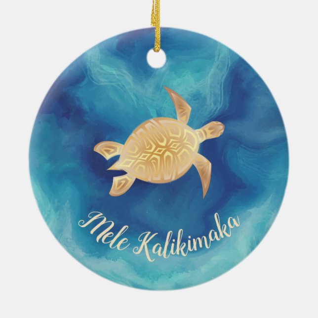 Adorno De Cerámica Tortugas de oro Mele Kalikimaka Navidades hawaiano (Atrás)