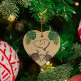 Adorno De Cerámica Tortugas marinas corazón de arena y palmas