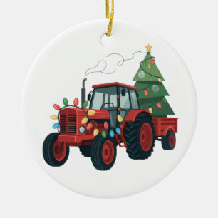 Adorno De Cerámica Tractor con remolque Santa granja agricultor Navid