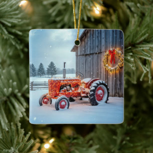 Adorno De Cerámica Tractor de granja rojo de Navidad en la nieve