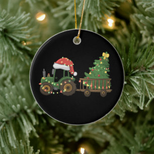 Adorno De Cerámica Tractor de Navidad con granjero de árboles granja