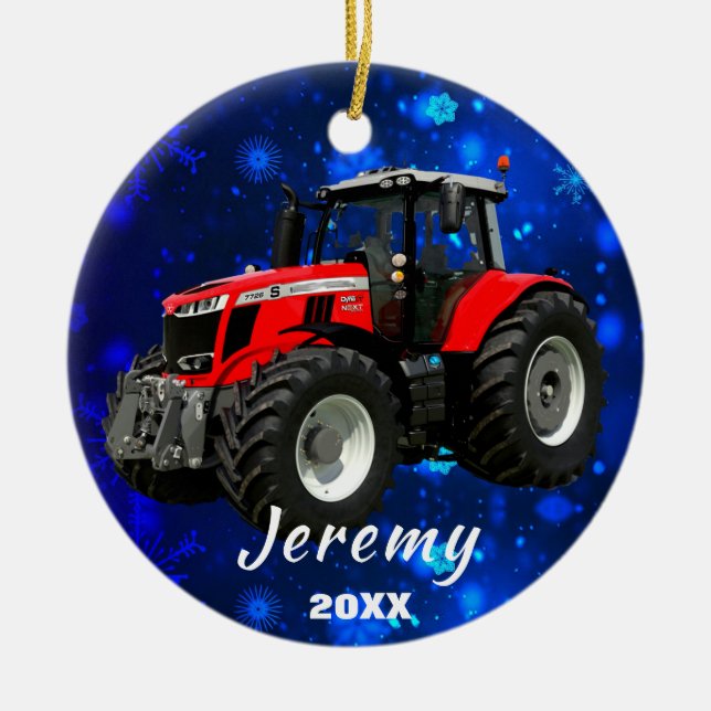 Adorno De Cerámica Tractor rojo moderno "Navidades 20XX" Cerámica Orn (Frente)