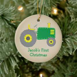 Adorno De Cerámica Tractor Verde Adorable Primera Navidad Kraft Foto