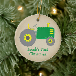 Adorno De Cerámica Tractor Verde Adorable Primera Navidad Kraft Foto