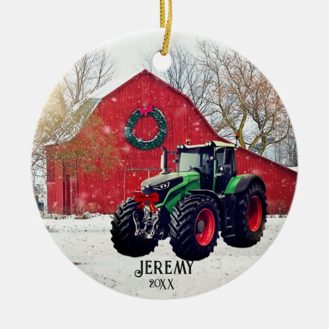 Adorno De Cerámica Tractor verde moderno "Navidades 20XX" (Frente)