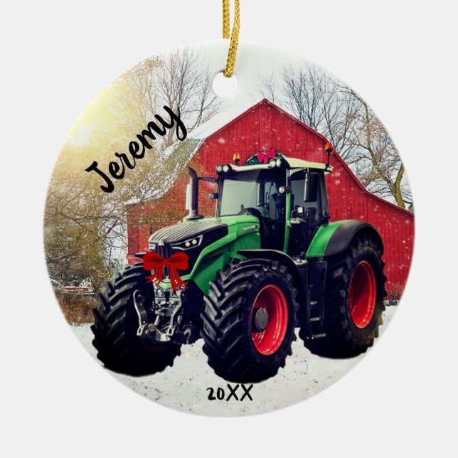 Adorno De Cerámica  Tractor verde moderno "Navidades 20XX" (Frente)