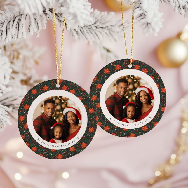 Adorno De Cerámica Traditional Red Poinsettia 2 Sided Photo Christmas (Poinsettia Season Double Sided Photo Christmas Ornament forest green)