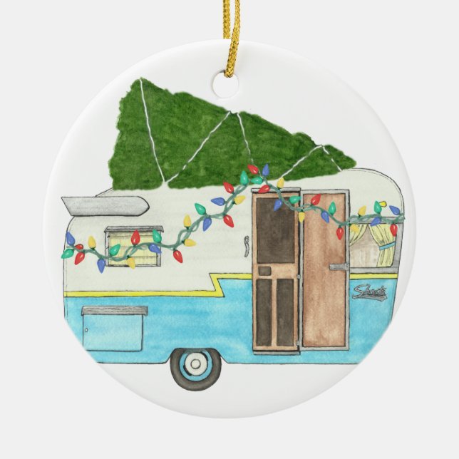 Adorno De Cerámica Trailer de camping de época para Navidades (Frente)