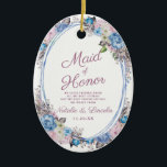 Adorno De Cerámica Traje de honor azul y doncella rosa de encanto par<br><div class="desc">Moda floral de color azul y rosa y diseño de Shabby parisino con Rosas pintados, hojas y flores. Una mirada encantadora y lúdica, con Rubor rosa, azul turbio, malva, violeta de la marina oscura. Con acuarela pintada a mano elementos florales, fuentes clásicas vintage de guiones y marco ovalado - Maid...</div>