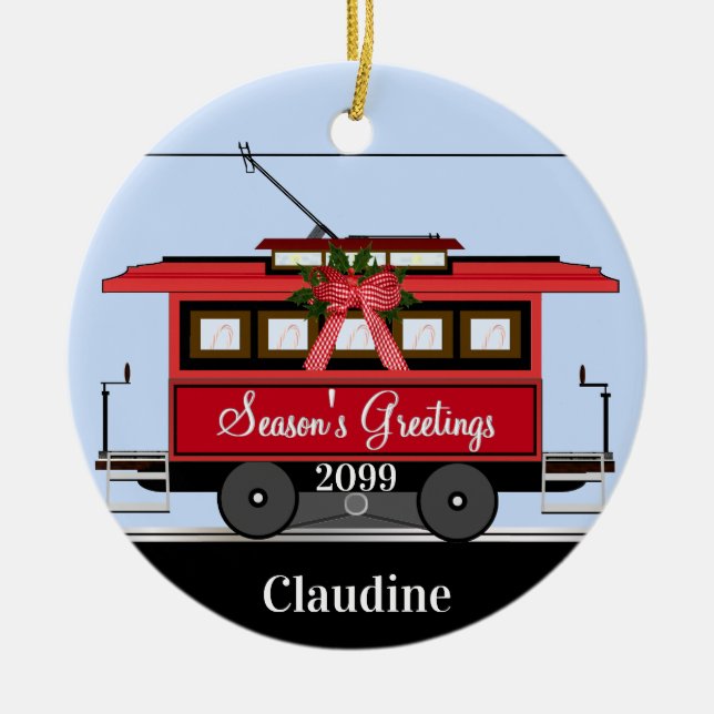 Adorno De Cerámica Tranvía roja de Año Nuevo para navidades (Frente)