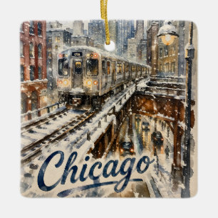 Adorno De Cerámica Tren El de Chicago en la Nieve Invernal