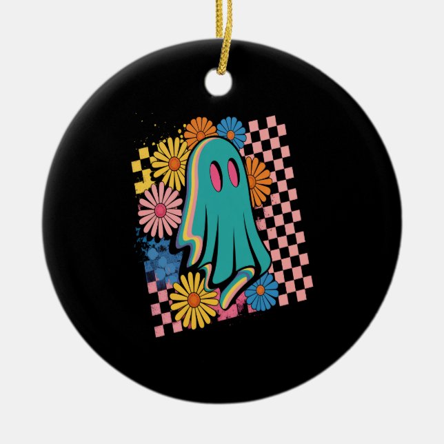 Adorno De Cerámica Trendy Neon Floral Ghost Halloween (Frente)