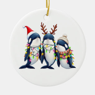 Adorno De Cerámica Tres ballenas llevando Navidades Santa Hat