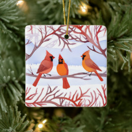 Adorno De Cerámica Tres cardenales rojos en ramas nevadas