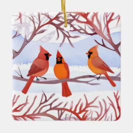 Adorno De Cerámica Tres cardenales rojos en ramas nevadas