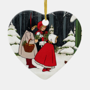 Adorno De Cerámica Tres chicas con navidad del vintage del muérdago