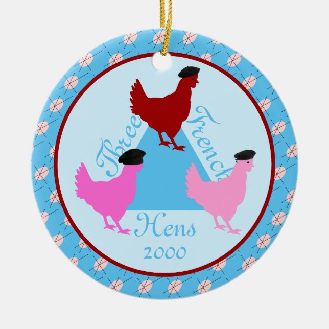 Adorno De Cerámica Tres gallinas francesas - Año Personalizado (Frente)