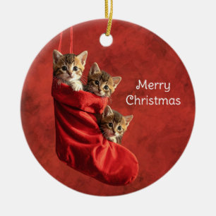 Adorno De Cerámica Tres gatitos en una media de Navidad