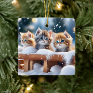 Adorno De Cerámica Tres gatos de tabby jugando en la nieve