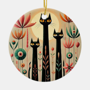 Adorno De Cerámica Tres gatos negros en medio de un vibrante diseño f