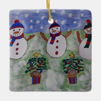 Adorno De Cerámica Tres hombres de nieve y árbol de Navidad