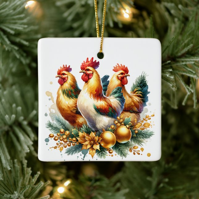 Adorno De Cerámica Tres Navidades de gallinas francesas personalizada (Árbol)