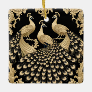 Adorno De Cerámica Tres pavos reales dorados