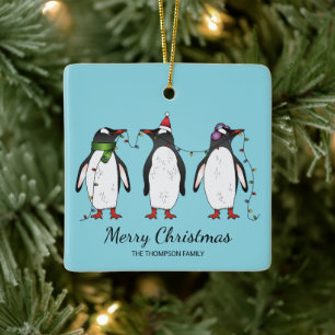 Adorno De Cerámica Tres pingüinos navideños festivos con texto person