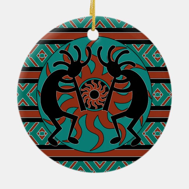 Adorno De Cerámica Tribal Sun Turquoise Kokopelli Navidad Suroeste (Atrás)