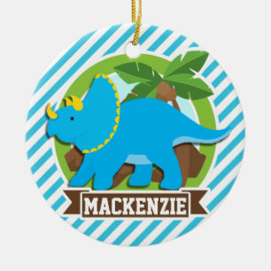 Adorno De Cerámica Triceratops Dinosaur; Sky Blue & White Strips