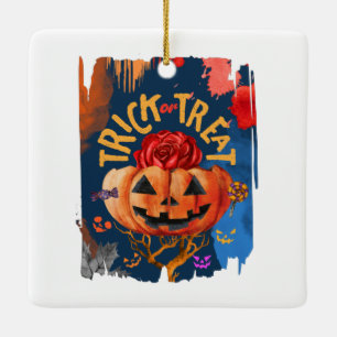 Adorno De Cerámica Trick o Treat - Jack-o'-Lantern con Rosa Roja (1)