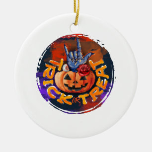 Adorno De Cerámica Trick o Treat - Jack-o'-Lantern con Rosa Roja (2)