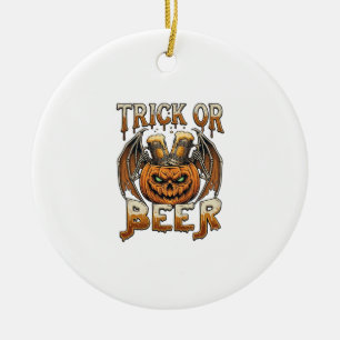 Adorno De Cerámica Trick Or Beer Halloween Calabaza Esqueleto Alas Ta