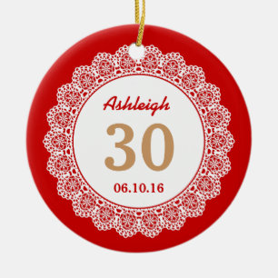 Adorno De Cerámica trigésimo Recuerdo del cumpleaños rojo y moreno