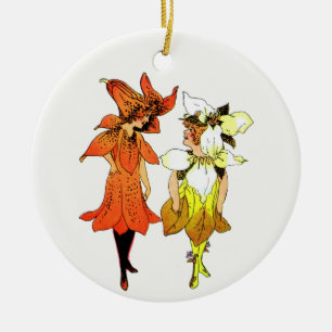 Adorno De Cerámica Trillium y Tiger-Lily, Whimsical Flower Book Art