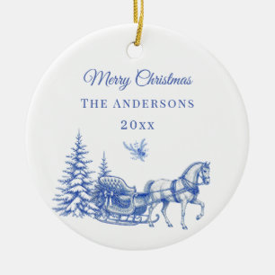 Adorno De Cerámica Trineo de caballo con toile de Navidad azul vintag