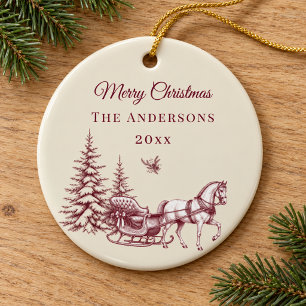 Adorno De Cerámica Trineo de caballo con Toile de Navidad de Borgoña