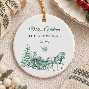 Adorno De Cerámica Trineo de caballo con toile de Navidad en verde sa
