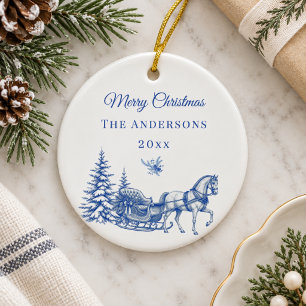 Adorno De Cerámica Trineo de caballo de Toile de Navidad azul vintage