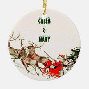 Adorno De Cerámica Trineo y reno de Santa del vintage en nieve