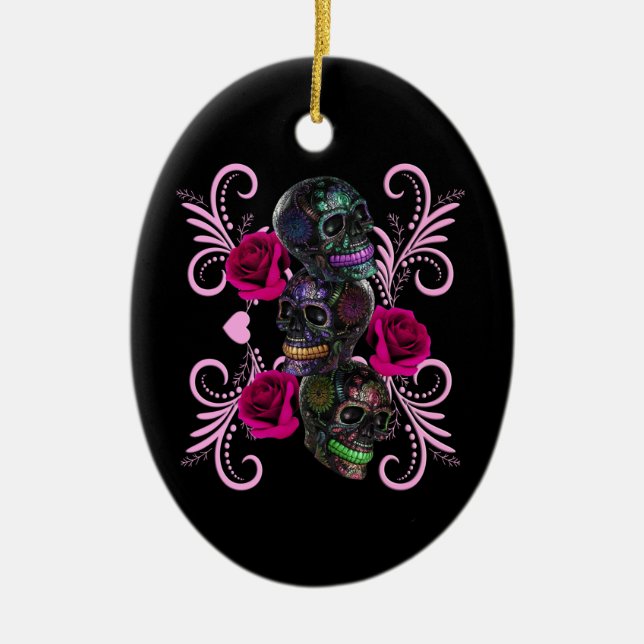 Adorno De Cerámica Triple Black Día de los Muertos Calaveras Rosas (Frente)