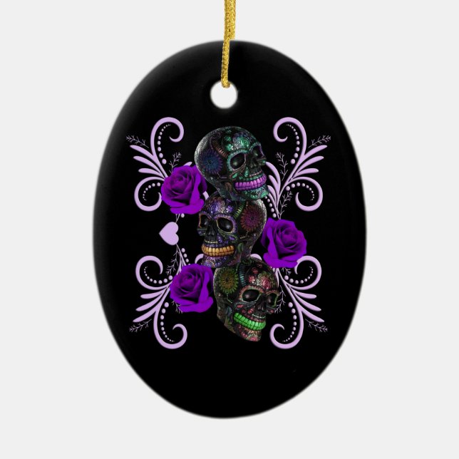 Adorno De Cerámica Triple Día Negro De Los Cránulos Muertos Rosas Mor (Frente)