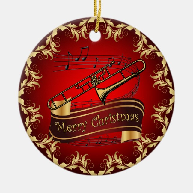 Adorno De Cerámica Trombone ~ Musical Scroll ~ Feliz Navidad ~ * ~ ~ (Frente)