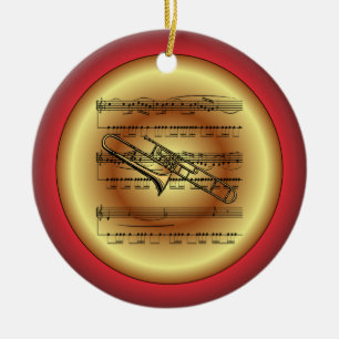 Adorno De Cerámica Trombone~Sheet Music~Red/Green/Gold~Navidades~