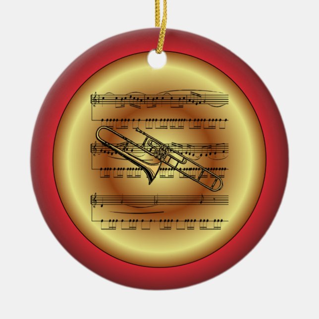 Adorno De Cerámica Trombone~Sheet Music~Red/Green/Gold~Navidades~ (Frente)