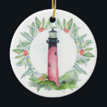 Adorno De Cerámica Tropical Christmas Tree Ornament Lighthouse<br><div class="desc">A perfect gift for the lighthouse lover in your life,  this elegant acrylic Christmas ornament features a replica of my original Jupiter lighthouse art. Perfect decorations for your tropical Christmas tree. To see more Florida Christmas decor by Victoria Grigaliunas visit www.zazzle.com/dotellabelle</div>