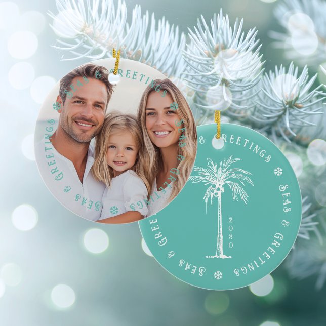 Adorno De Cerámica Tropical Palm Seas & Greetings Christmas Photo (Tropical Palm Seas & Greetings Christmas Photo Ceramic Ornament)
